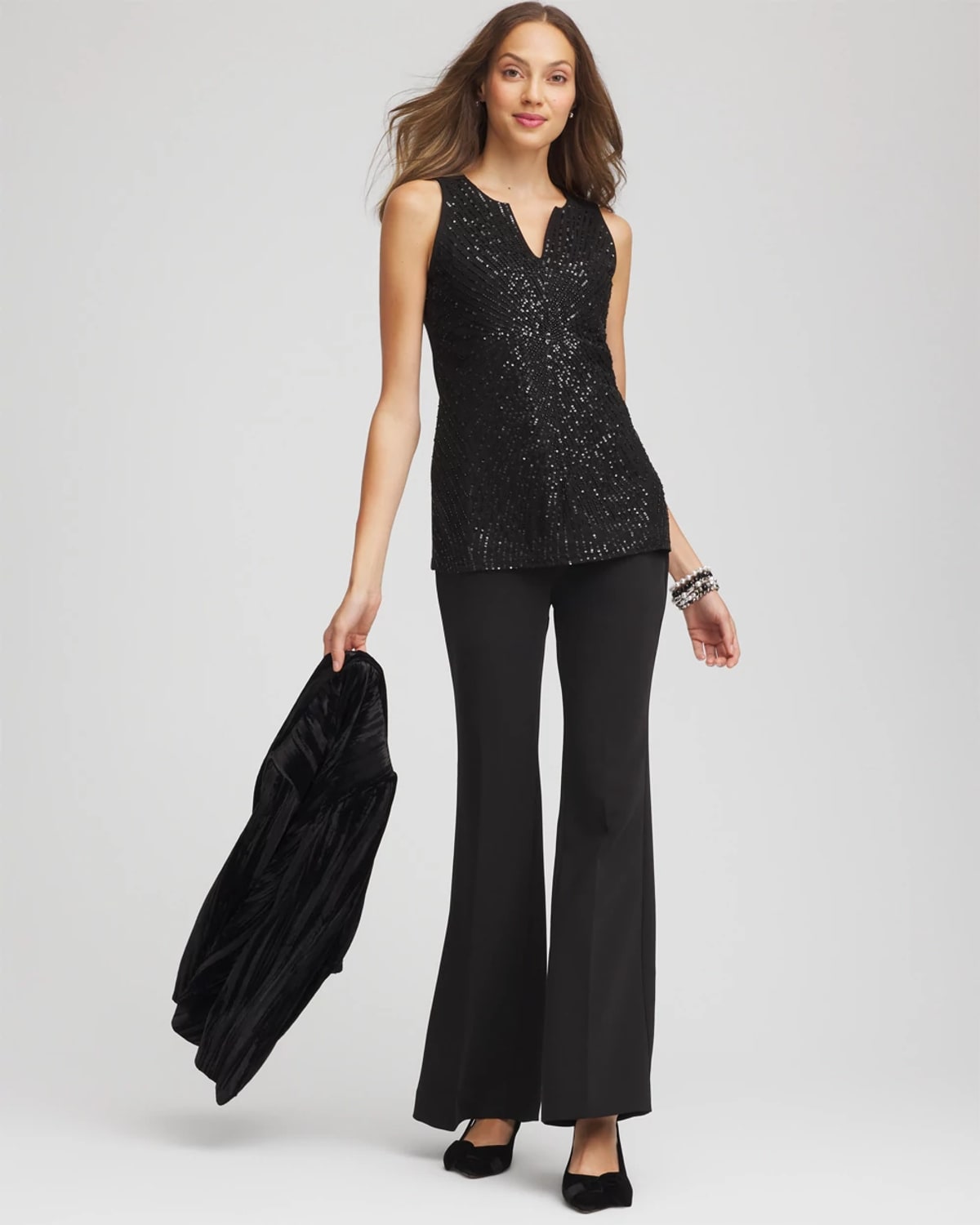 Chico's Sequin Beaded Notch Neck Tank In Black In Black