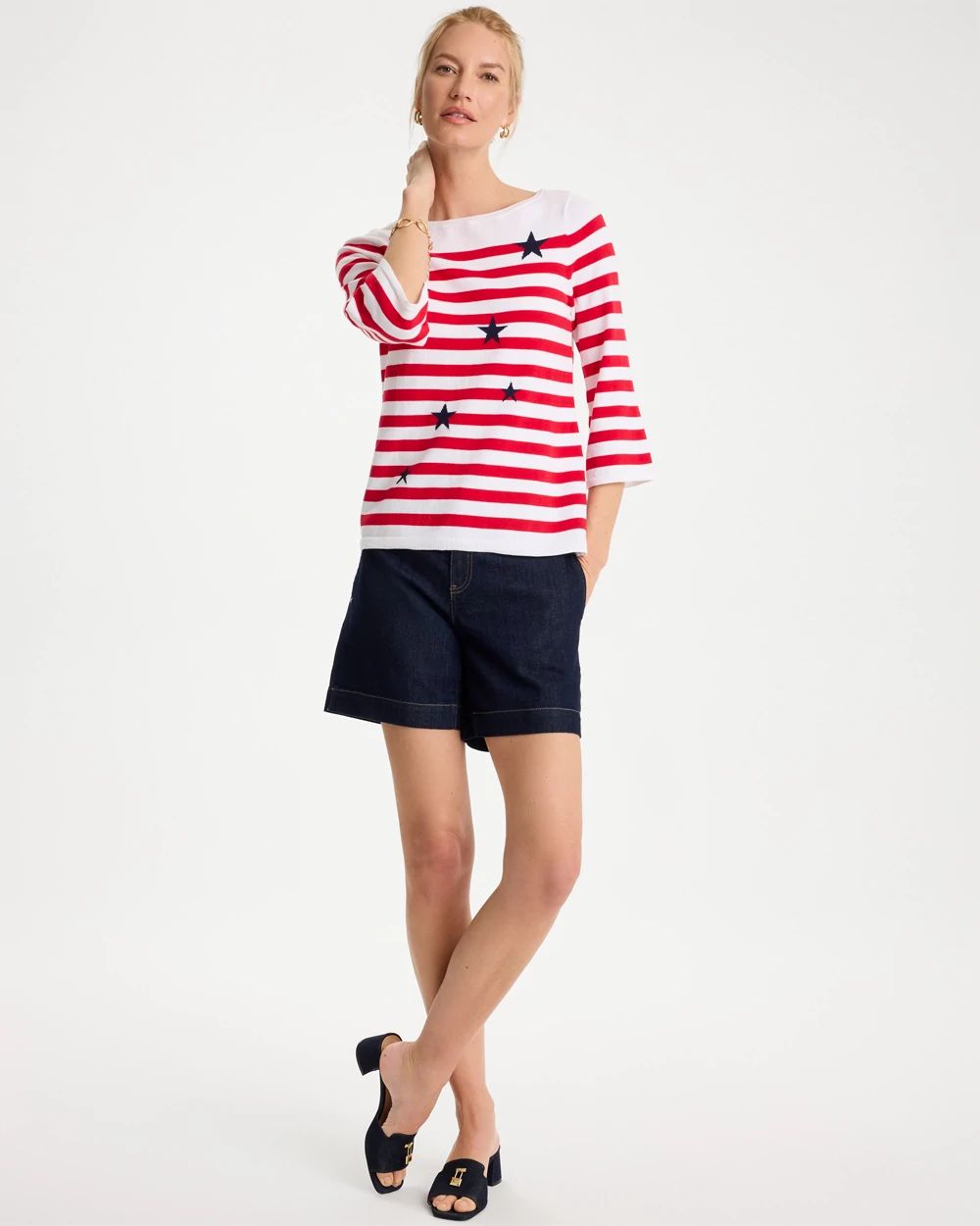 Cotton-Blend Americana Striped Intarsia Sweater click to view larger image.