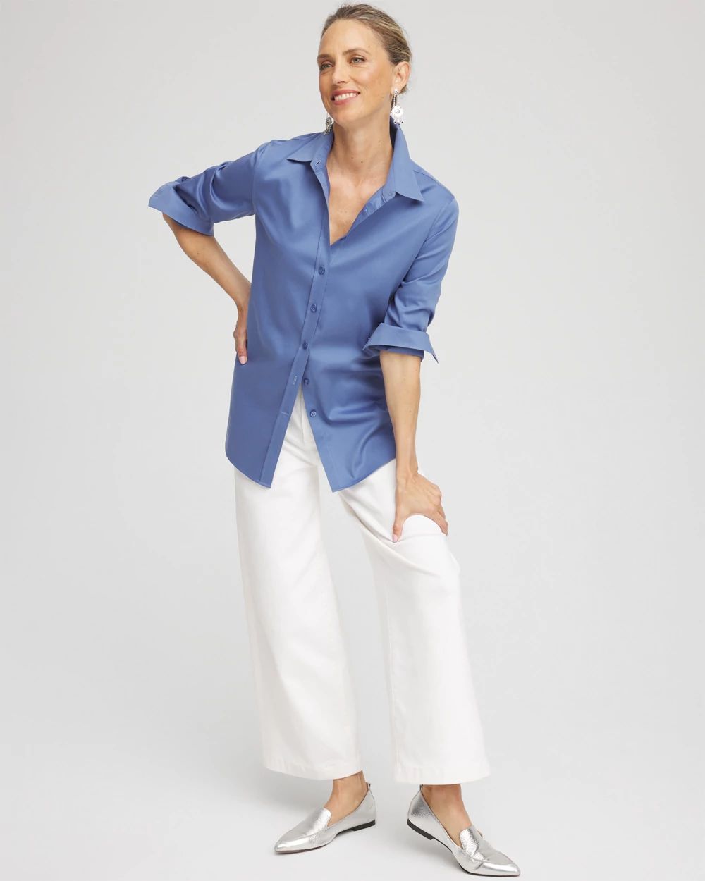 No Iron™ Blue Lotus Stretch-Sateen Shirt