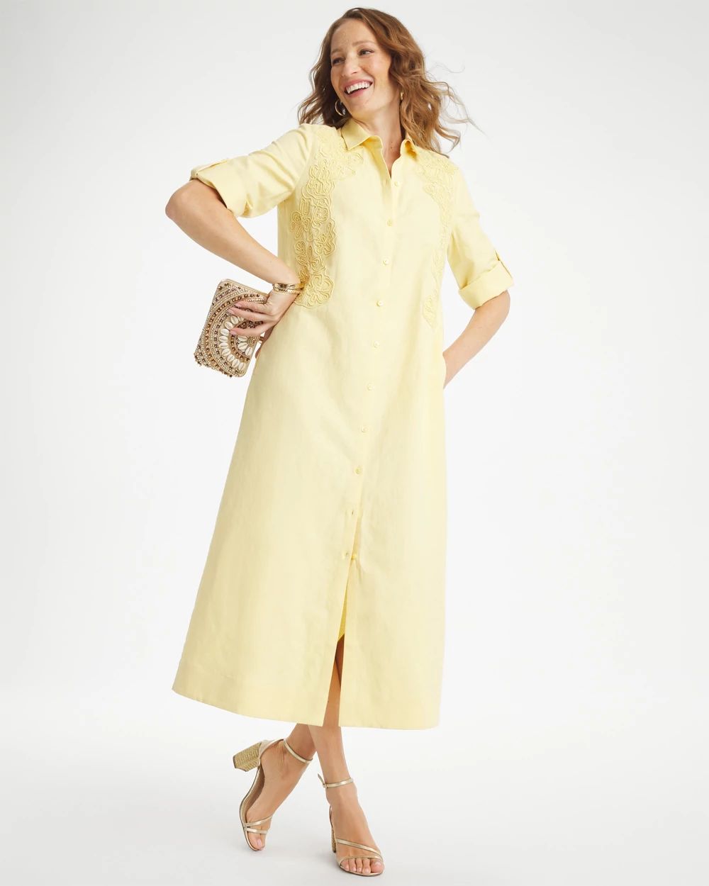 Petite Embellished Linen-Cotton Shirtdress