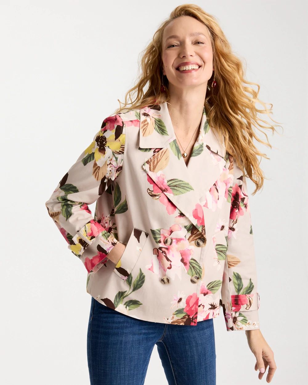 Cotton-Stretch Floral Trench Coat