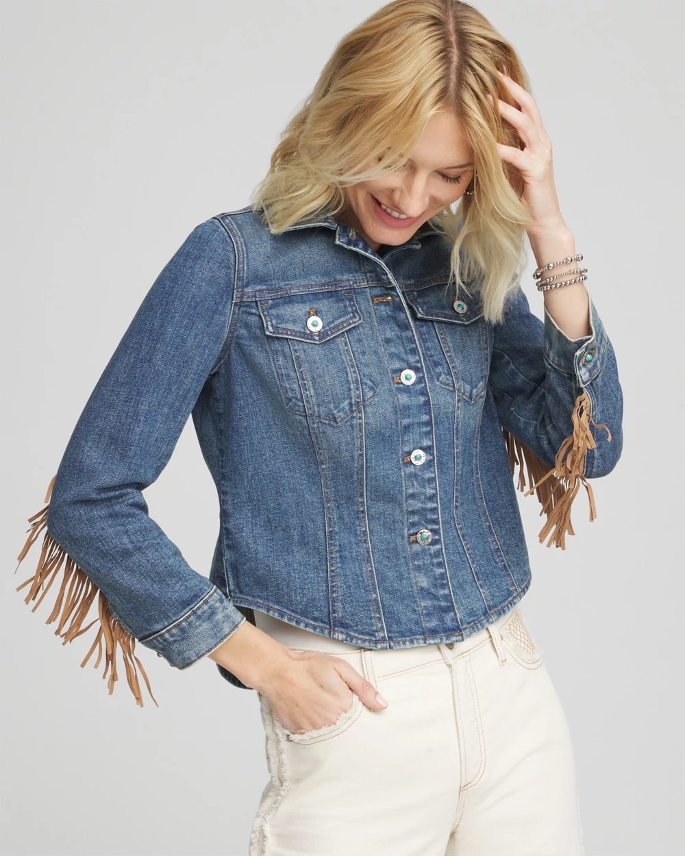 Cropped-Fit Fringe Denim Jacket Chico's - Main Image
