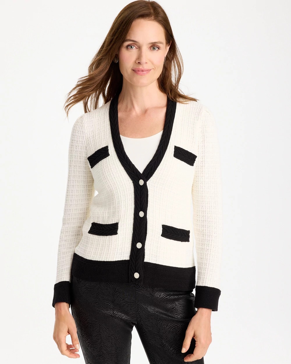 Chico's Tweed Braided V-neck Cardigan Sweater In White In Ecru