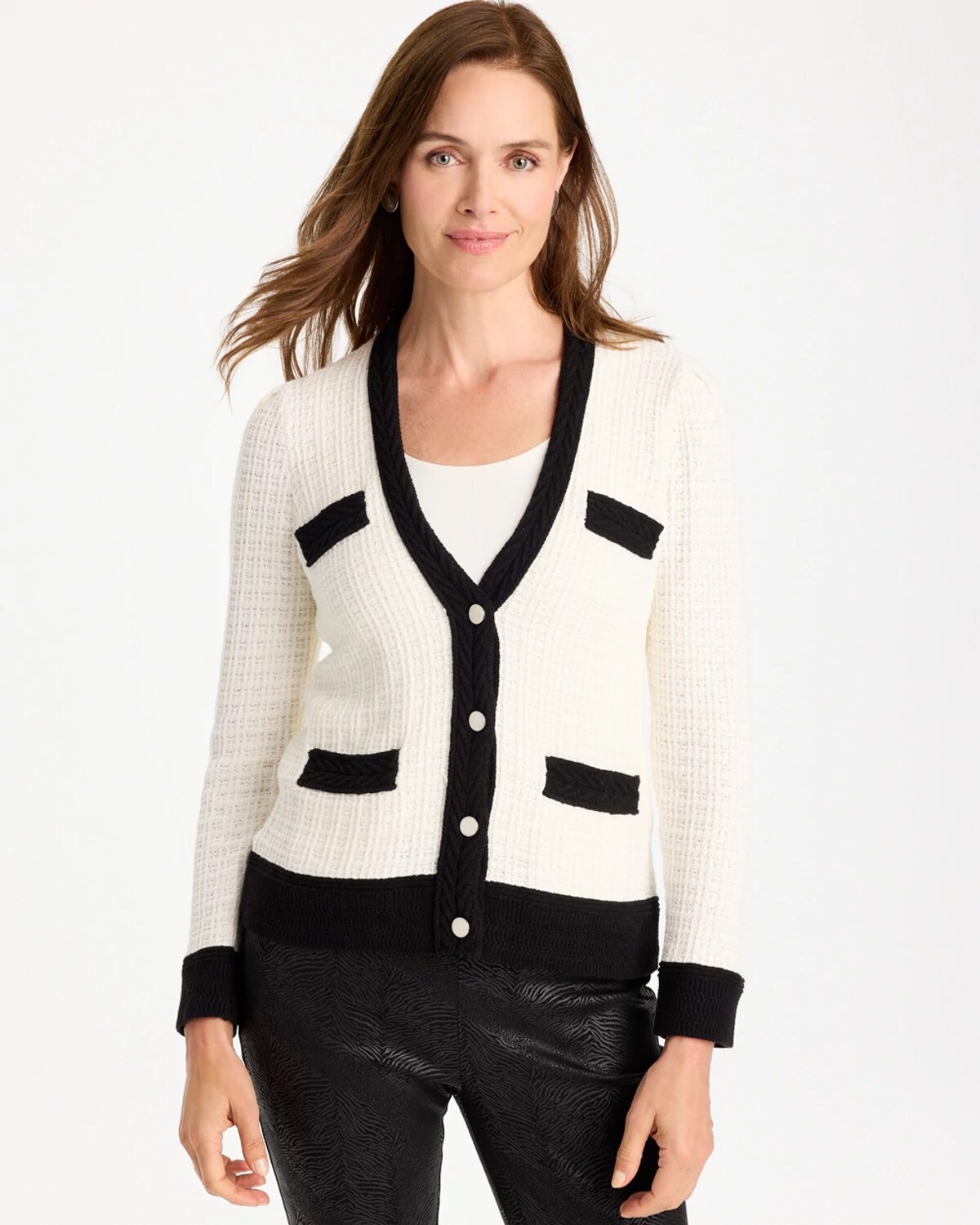 Chico's Tweed Braided V-neck Cardigan Sweater In White In Ecru