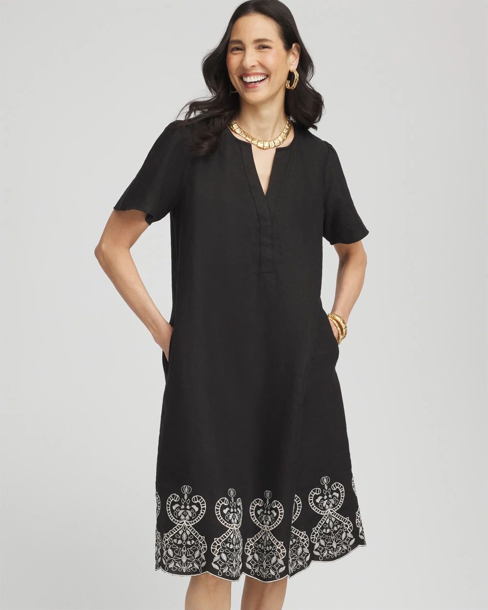 Embroidered Linen Flutter-Sleeve Dress