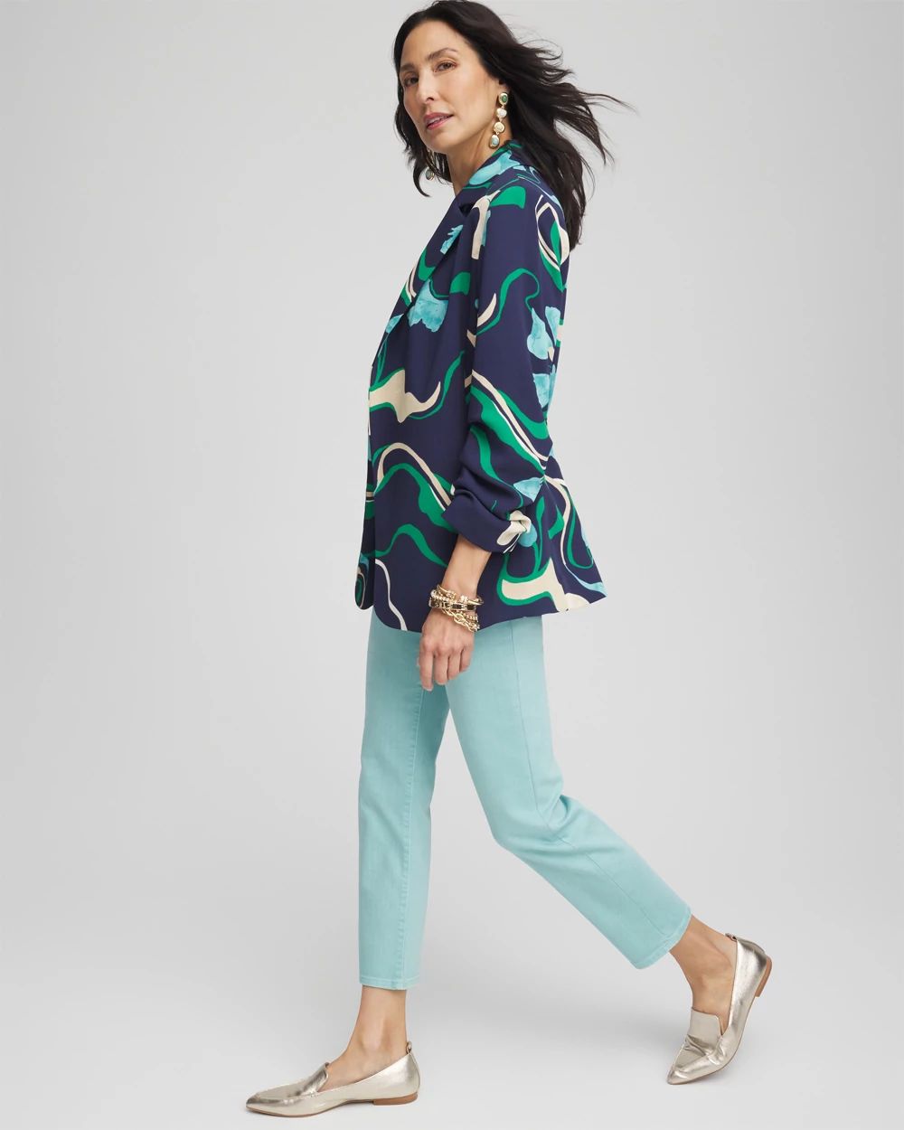 Notched-Lapel Ruched Sleeve Blazer