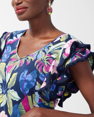 Linen Jungle Print Flutter Sleeve Top