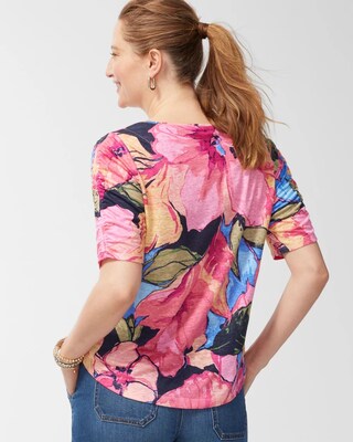 Linen Floral Ruched Sleeve Tee