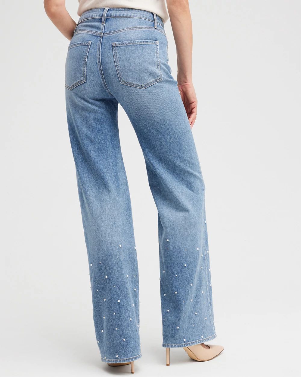 High Rise Faux Pearl Wide Leg Jeans
