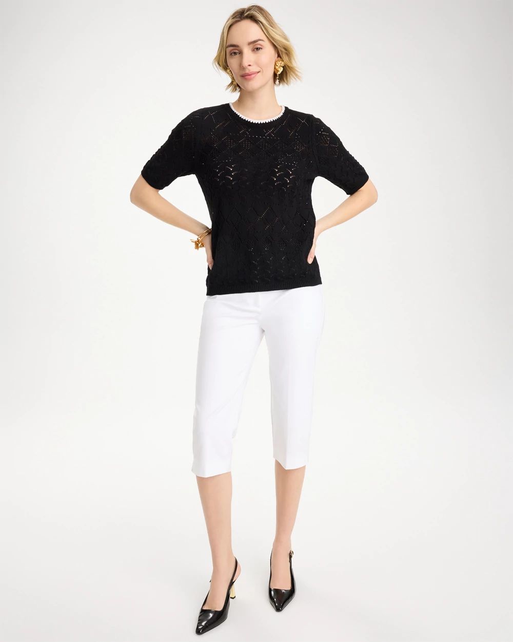 Pointelle Blanket-Stitch Pullover Sweater click to view larger image.