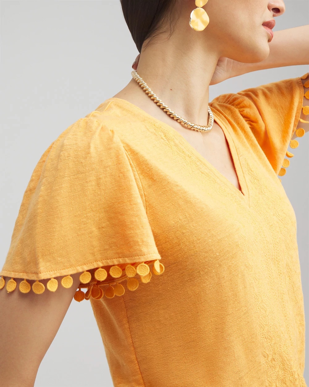Linen Embroidered Flutter Sleeve Top