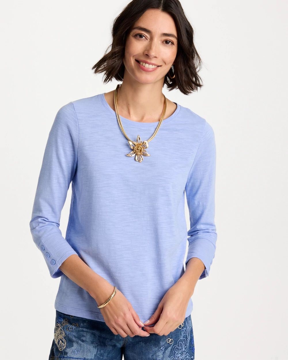 Cotton Slub 3/4 Sleeve Button Tee