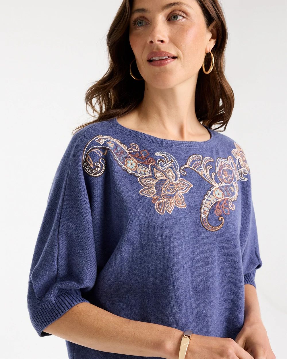 Cotton Embroidered Dolman Sweater click to view larger image.