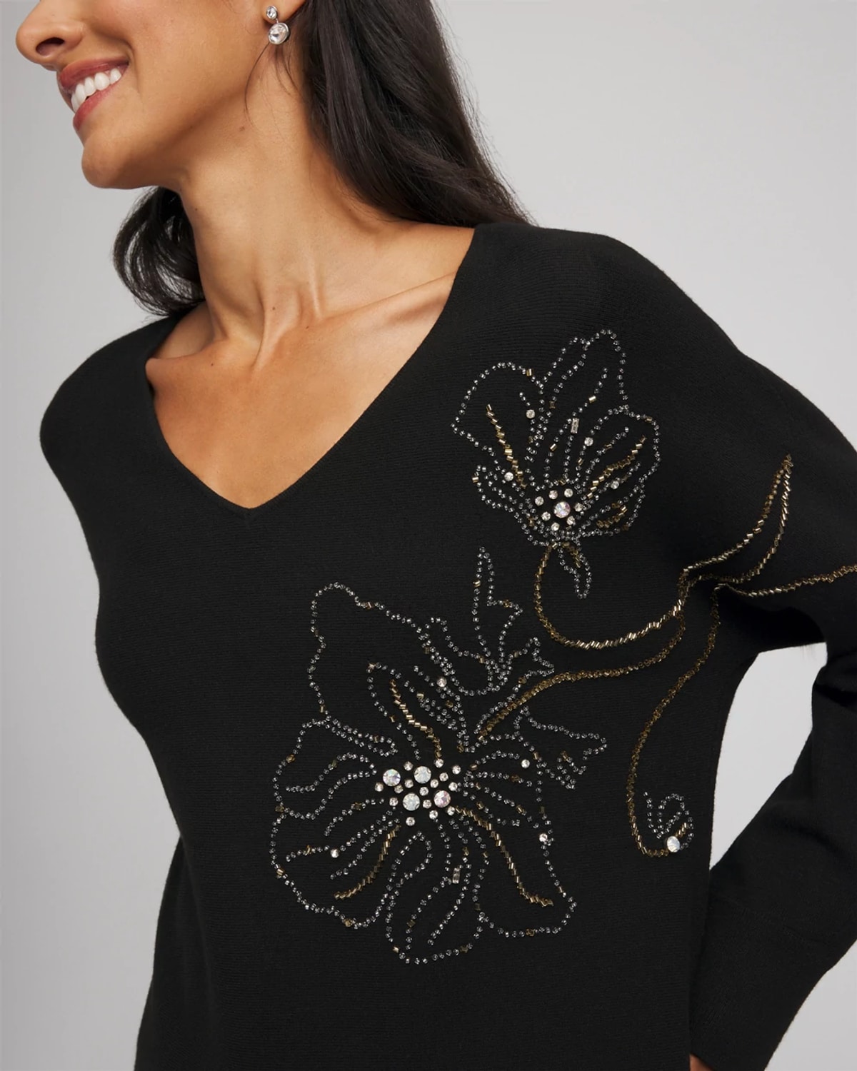 Chico's Floral Embellished Dolman V-neck Pullover In Black In Black