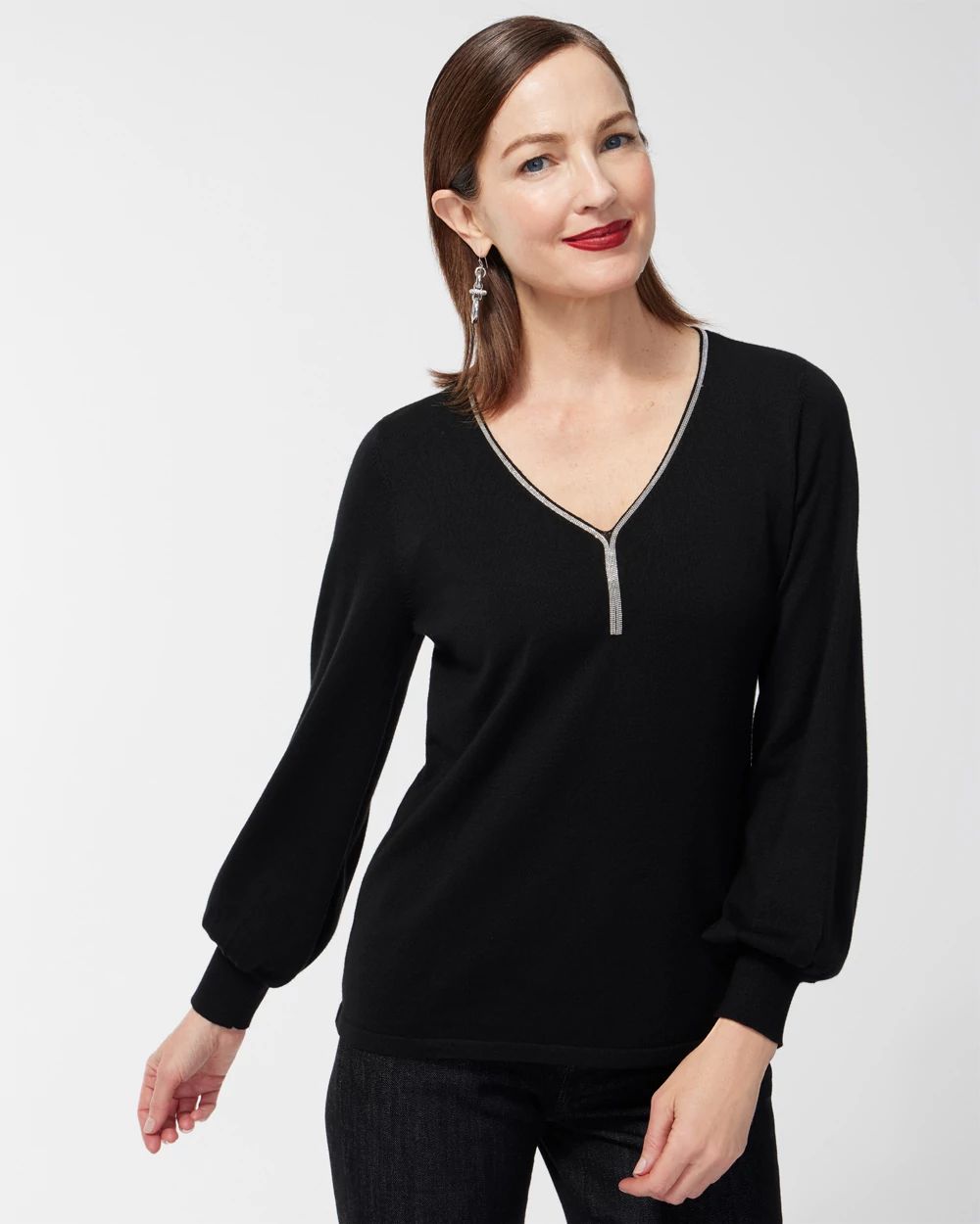 Caviar Trim V-Neck Pullover Sweater