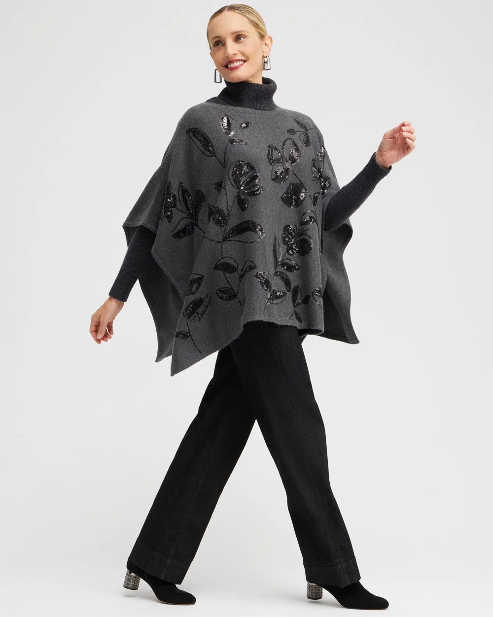 Floral Sequin Sweater Poncho