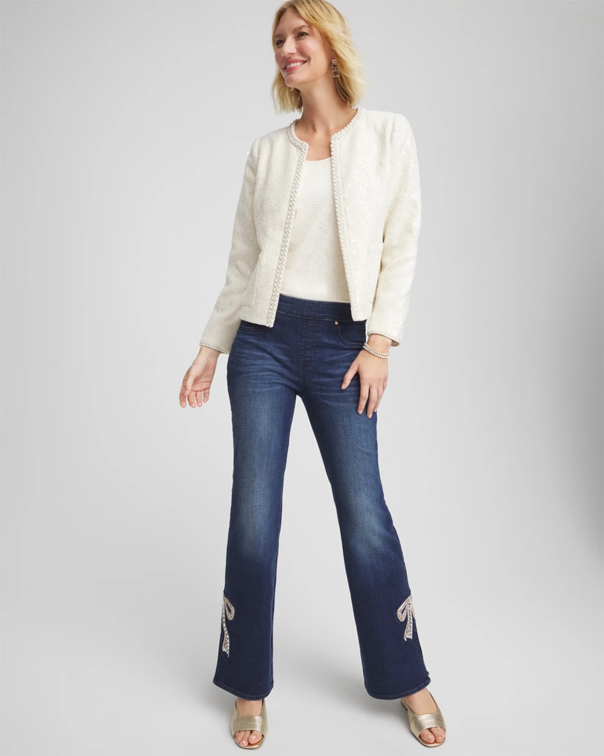 Chico's Pearl Trim Tweed Jacket In Cream In White