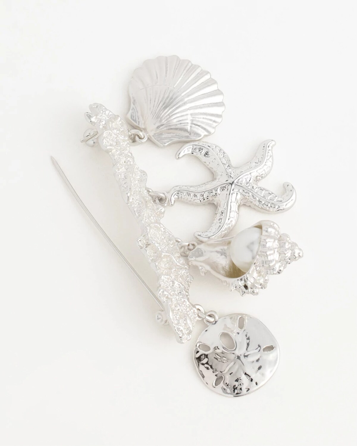 Chico's Silver Tone Seashell Bar Brooch In Metallic In Silver