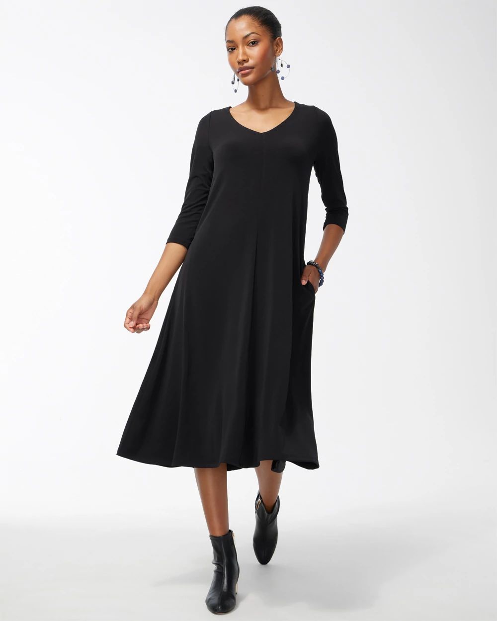 V-neck Black Midi Dress