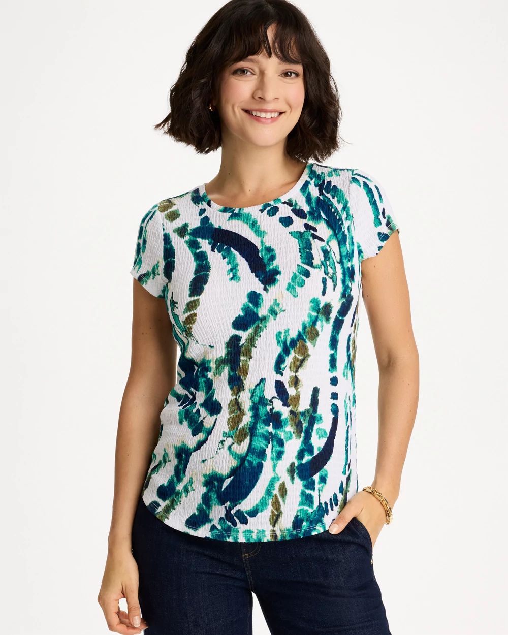 Printed Textured Knit Cap Sleeve Tee