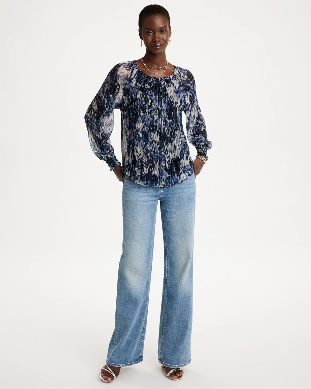 Printed Metallic Bodre Crinkle Mesh Top