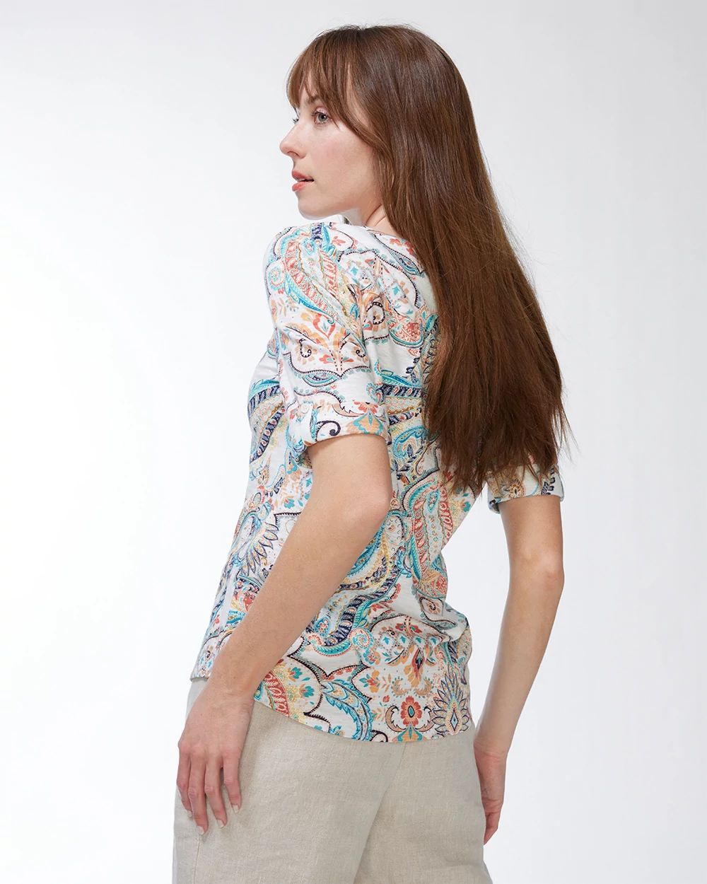 Paisley Henley Elbow Sleeve Slub Tee