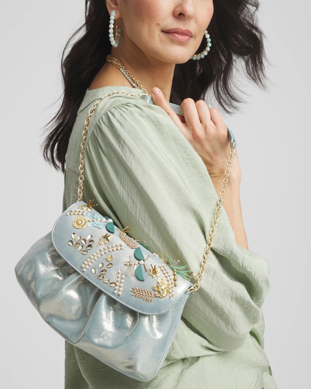 Embellished Leather Metallic Fold-Over Clutch click to view larger image.