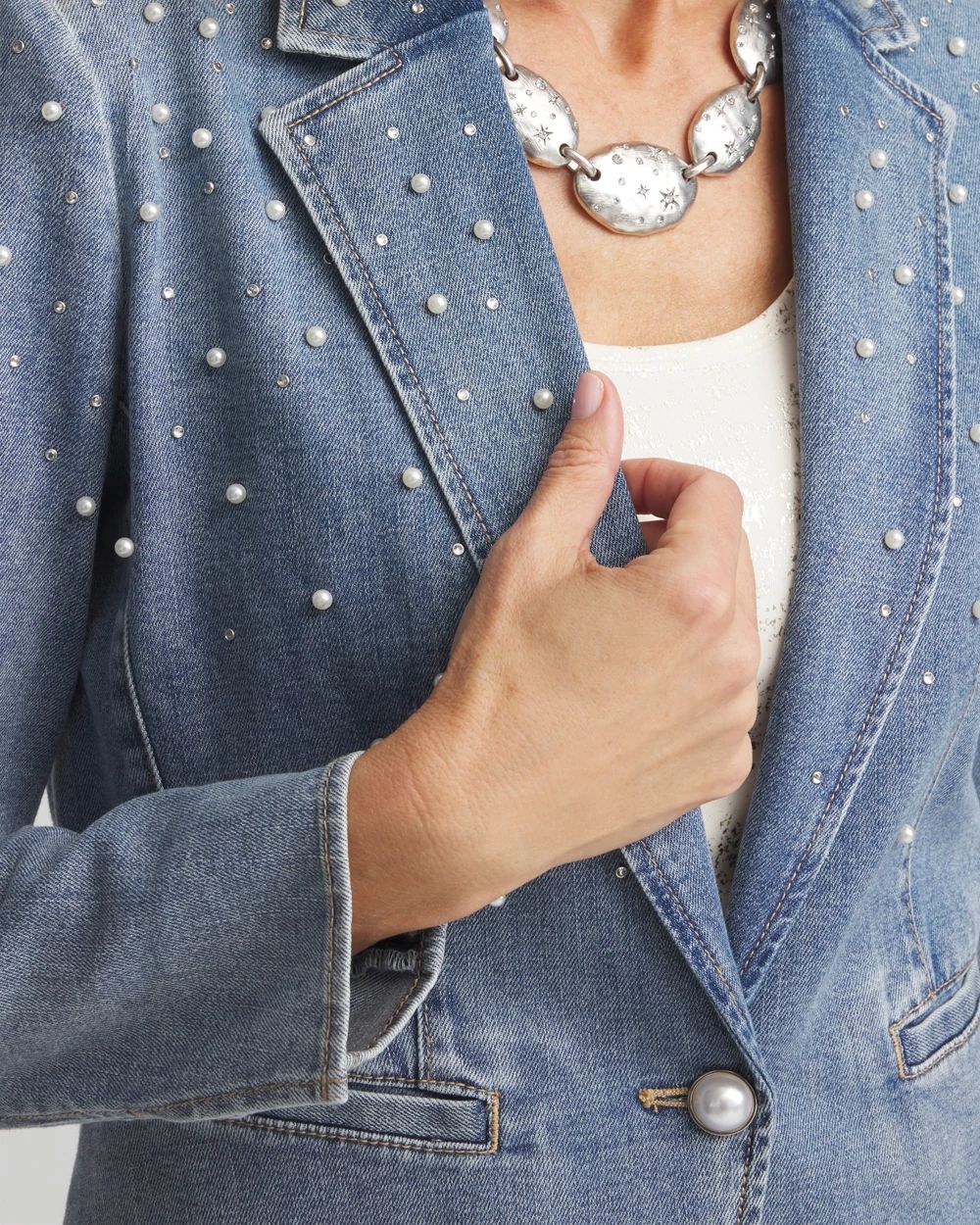 Pearl Embellished Denim Blazer