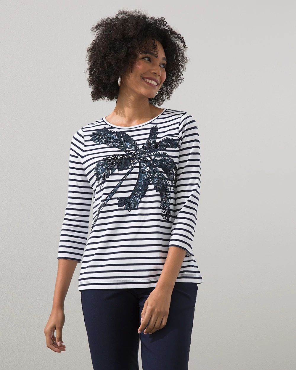Sequin Palm Stripe Knit Tee