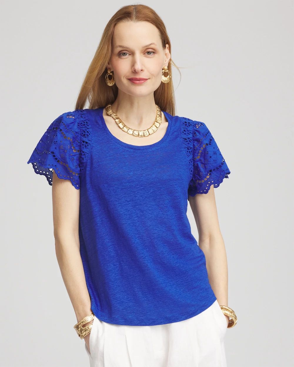 Linen Embroidered Flutter-Sleeved Tee