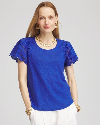 Linen Embroidered Flutter-Sleeved Tee
