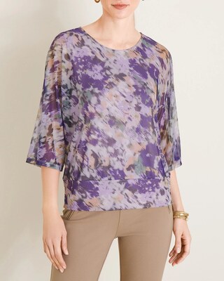 Abstract Floral-Print Mesh Top