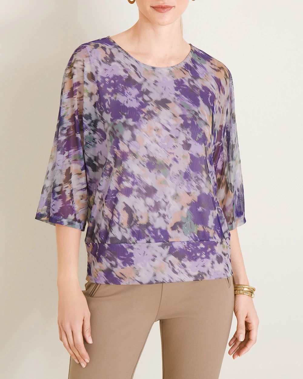 Abstract Floral-Print Mesh Top