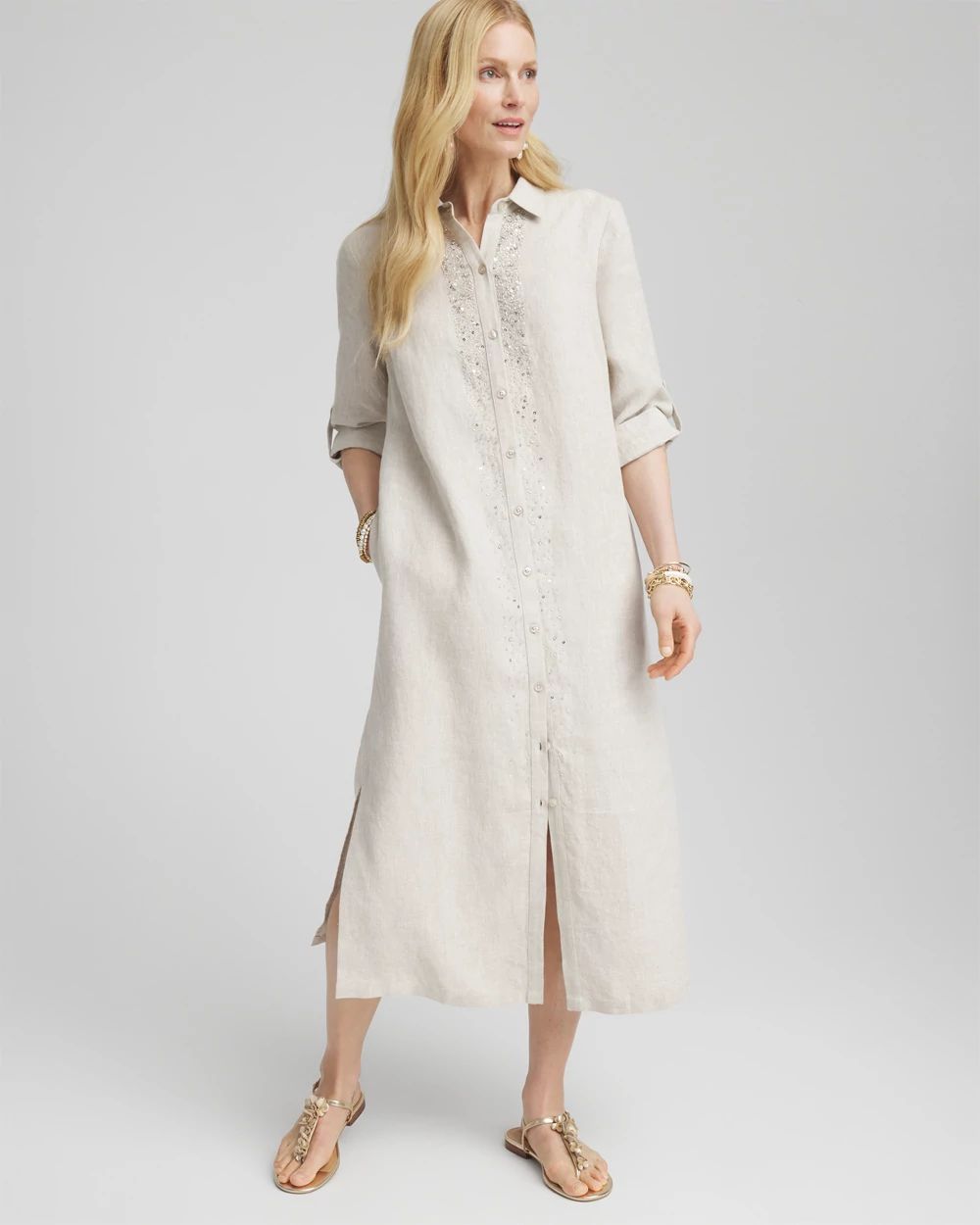 Linen Embellished Midi Shirt Dress