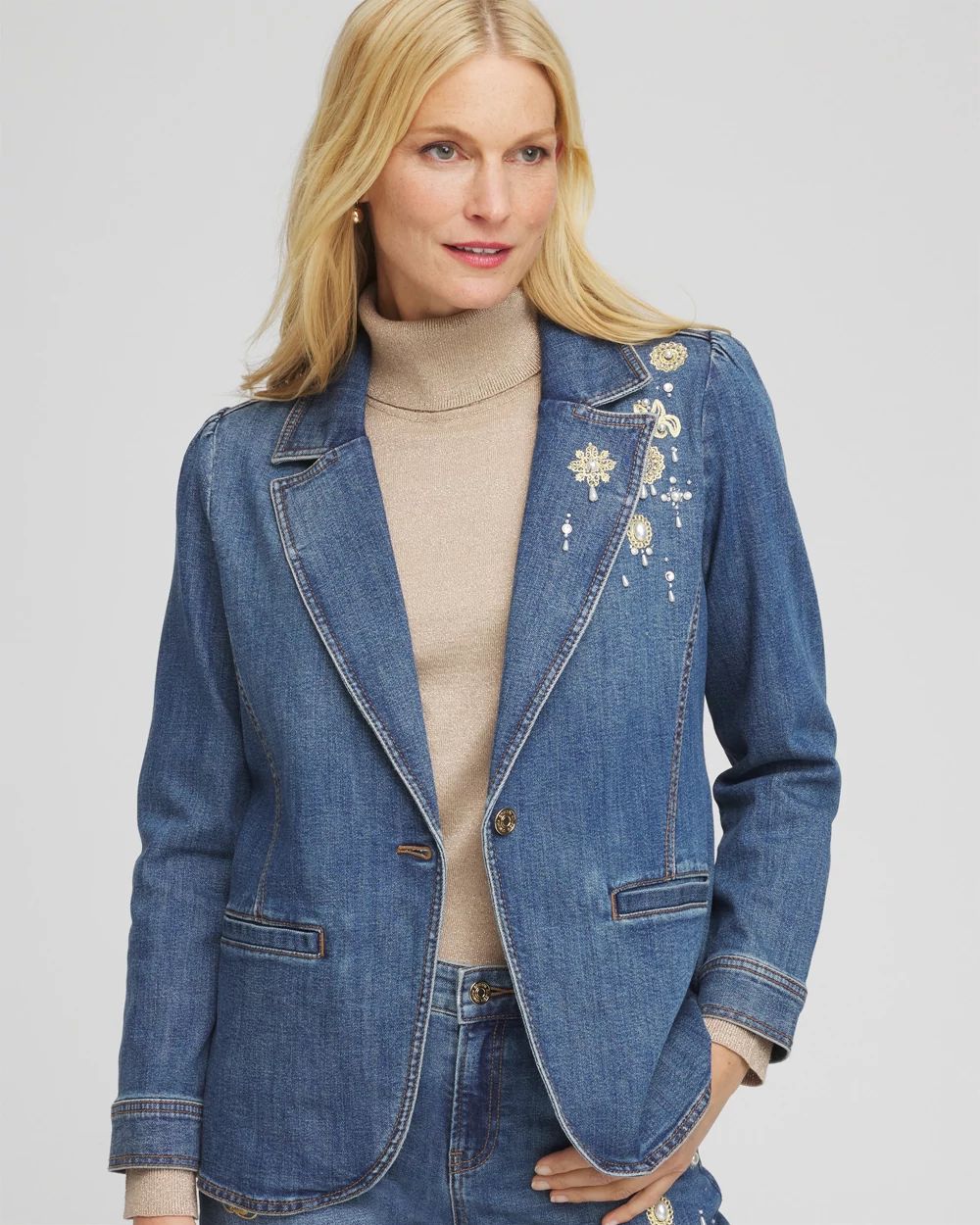 Pearl Brooch Denim Blazer click to view larger image.