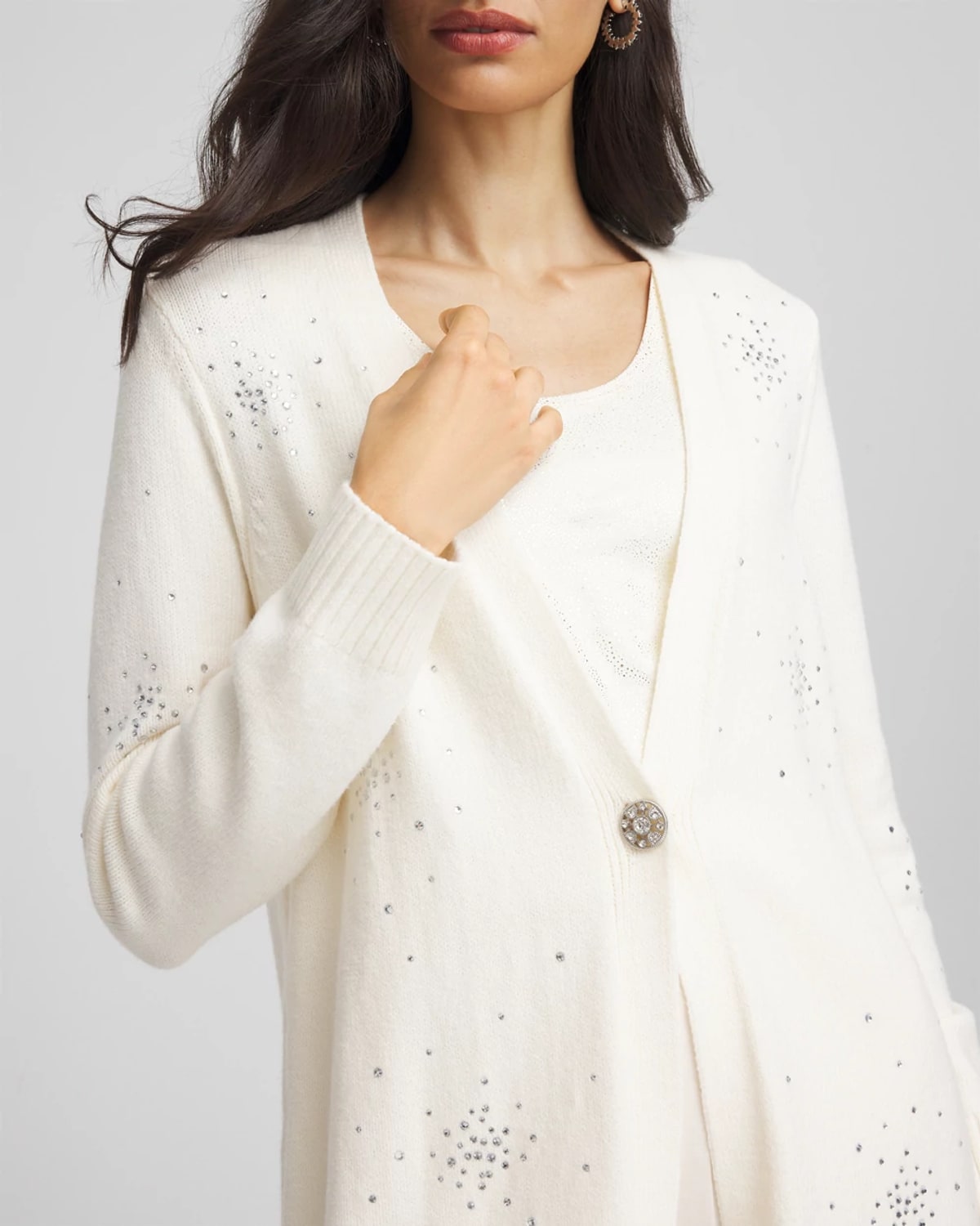Chico's Rhinestone Embellished Cardigan Sweater In Cream In White