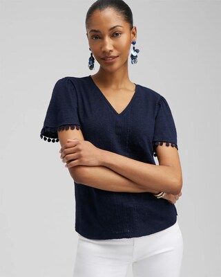Linen Embroidered Flutter Sleeve Top