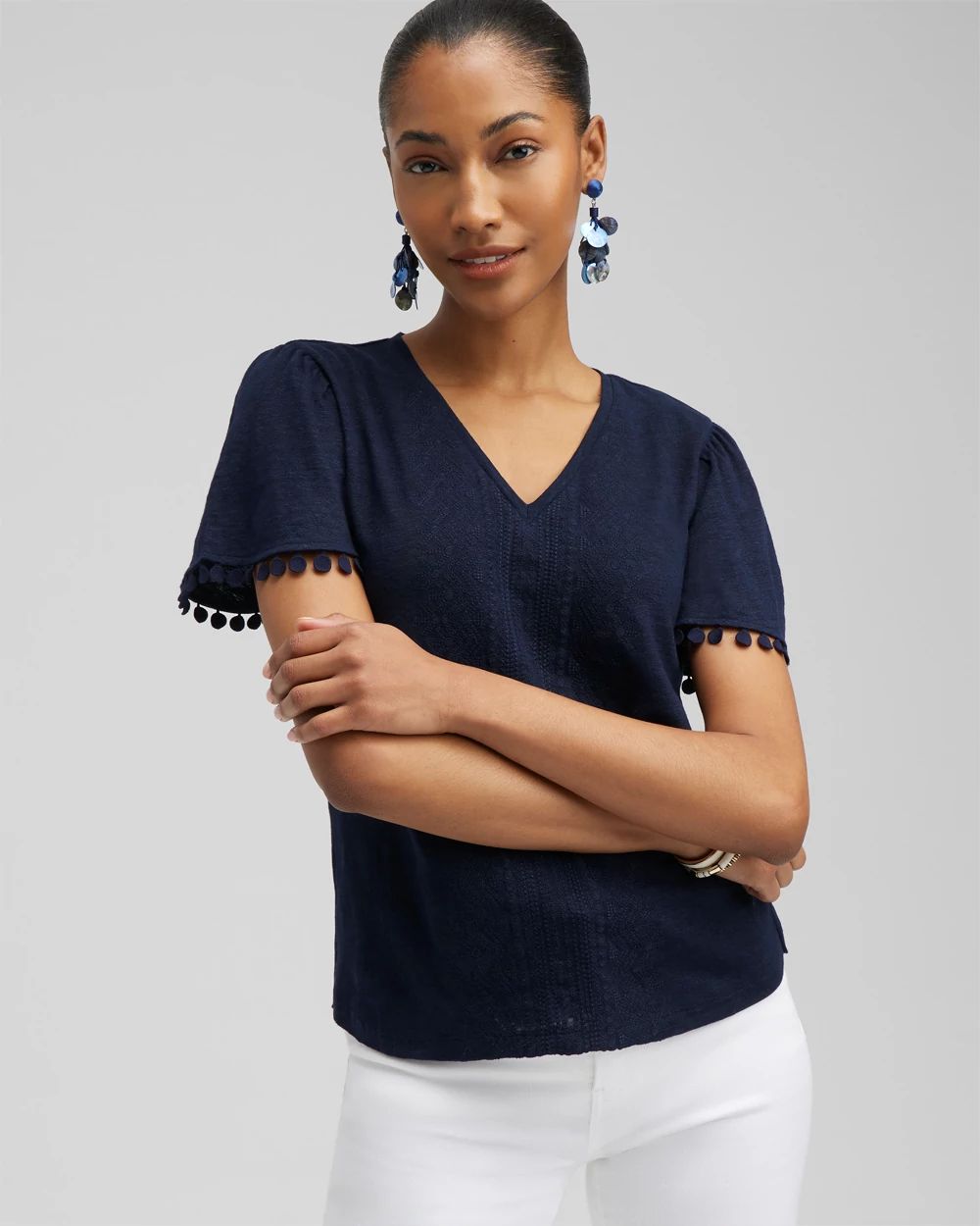 Linen Embroidered Flutter Sleeve Top