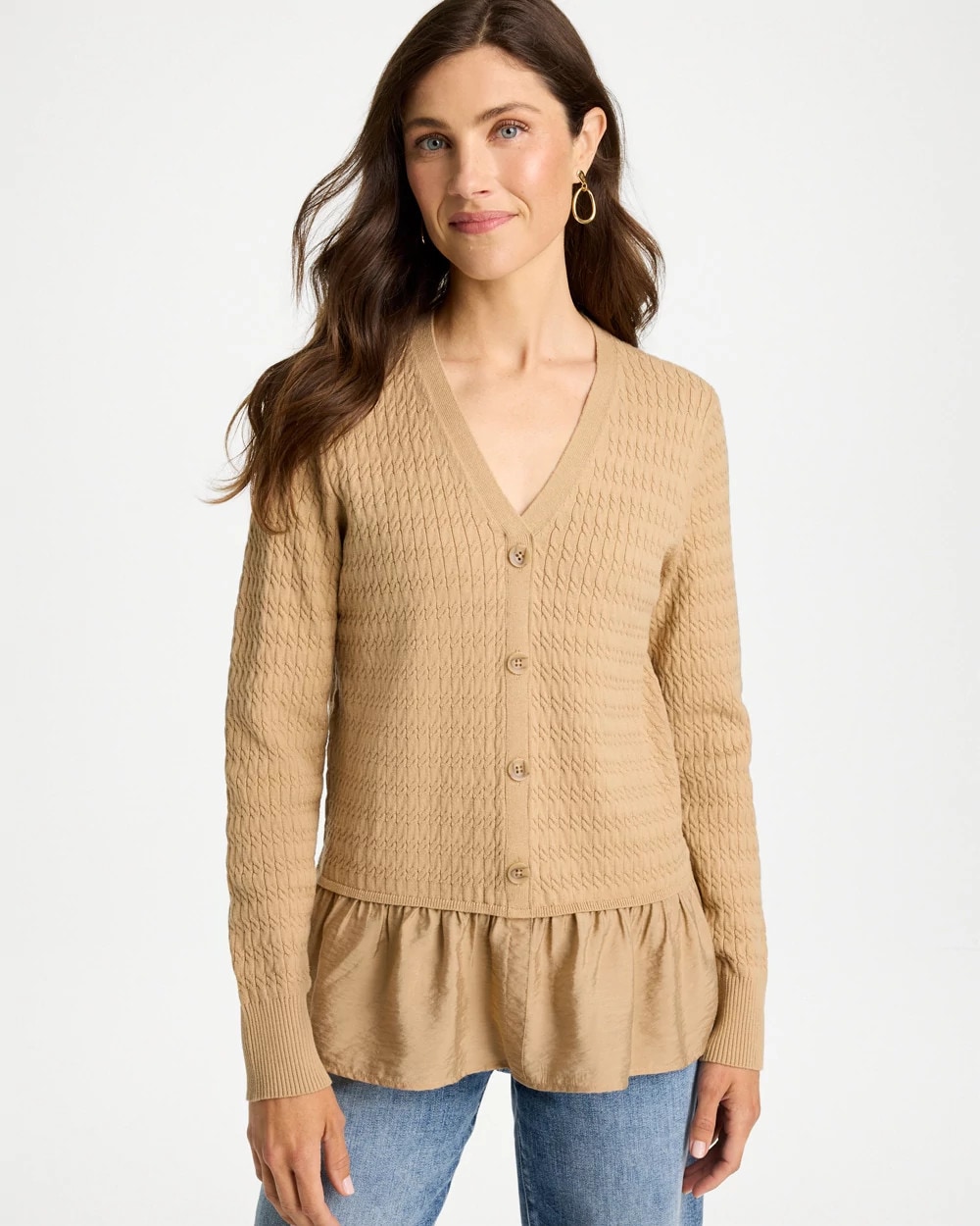 Chico's Woven Cotton-blend Peplum Cardigan Sweater In Neutral In Sycamore