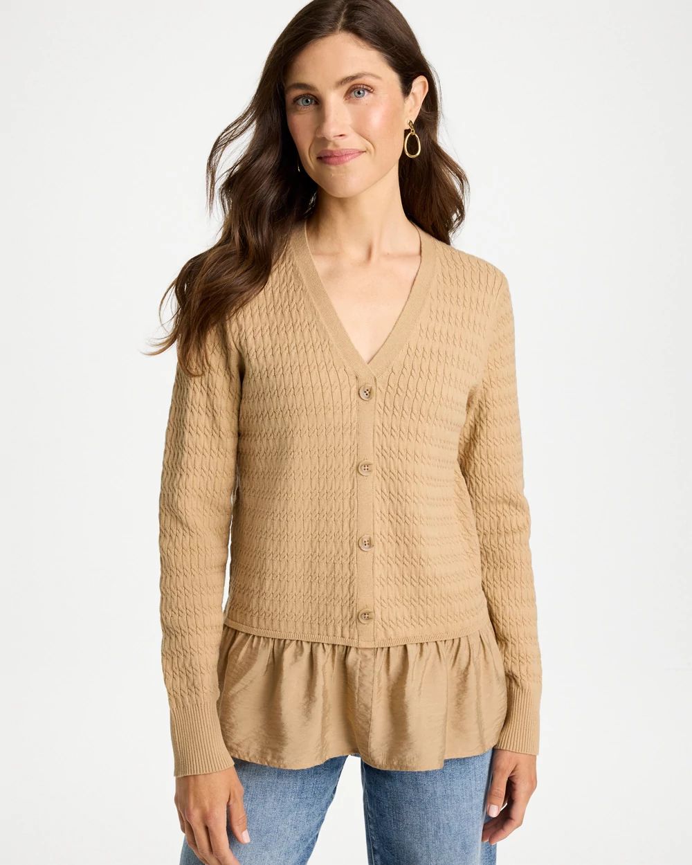 Woven Cotton-Blend Peplum Cardigan