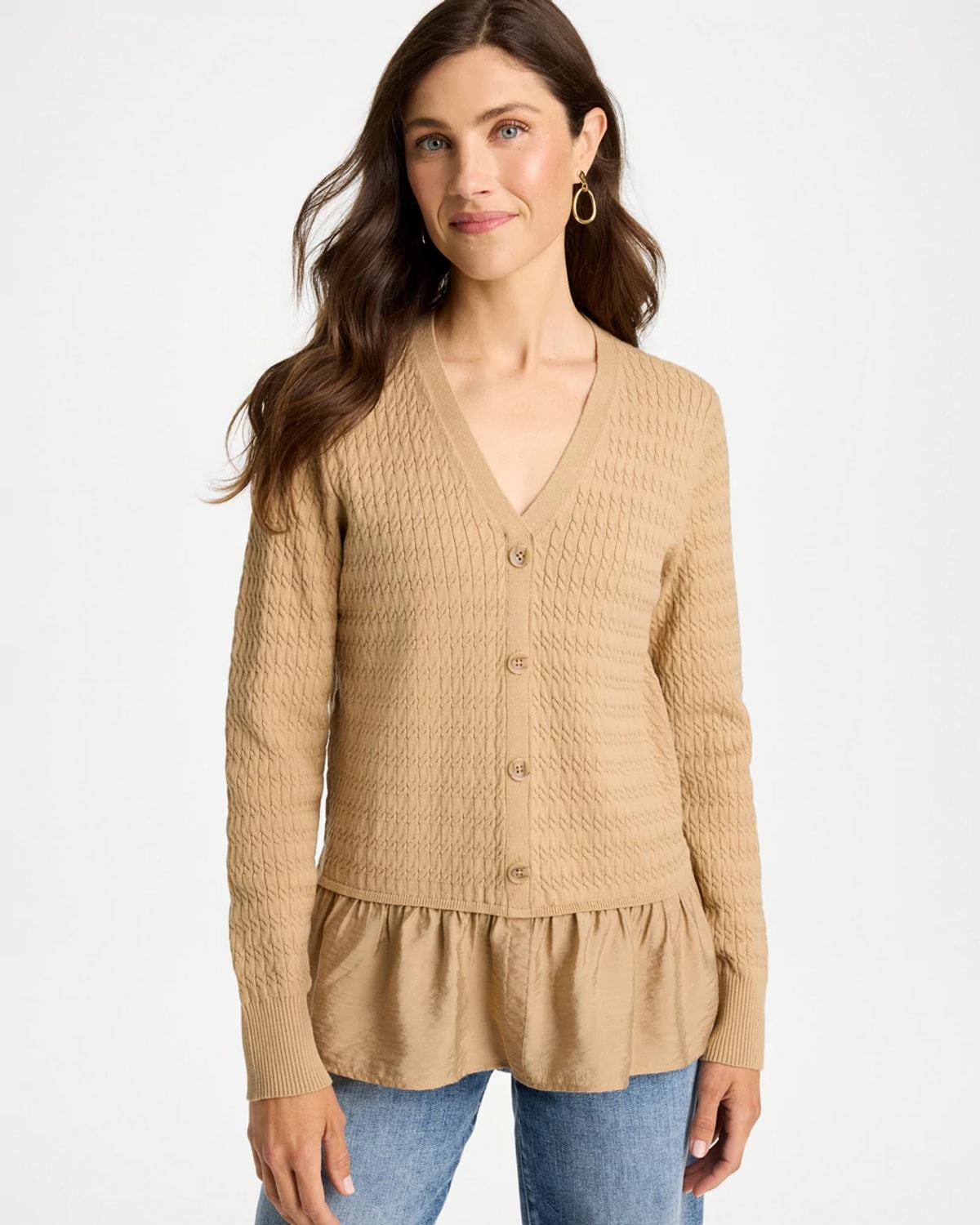 Chico's Woven Cotton-blend Peplum Cardigan Sweater In Neutral In Sycamore