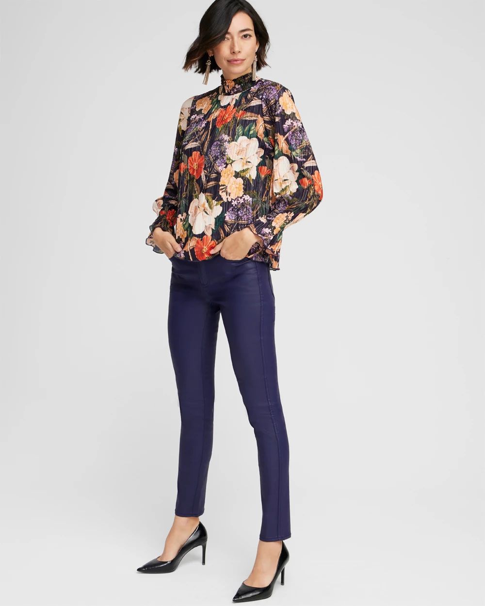 Floral Mock Neck Crinkle Top