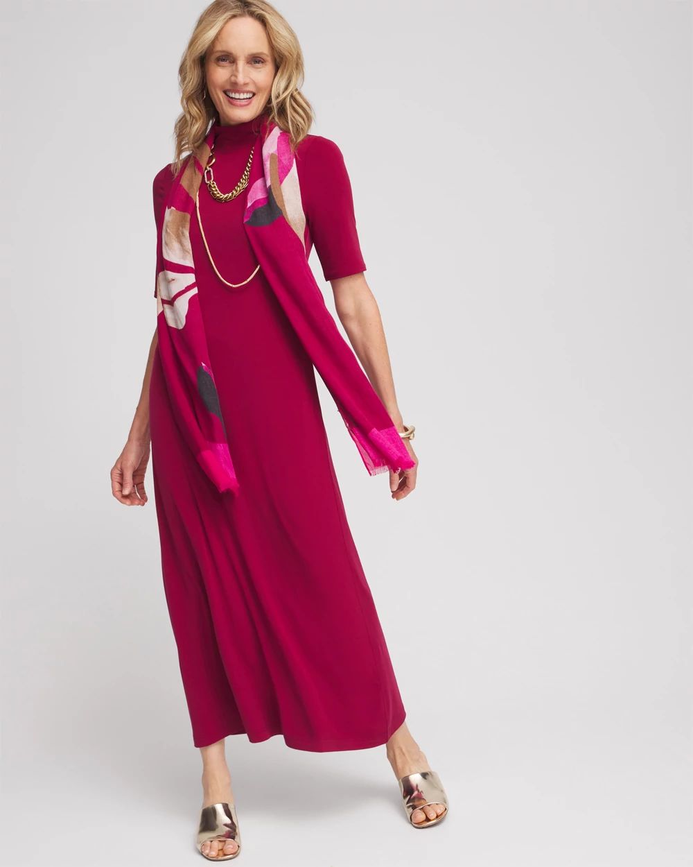 Elbow-sleeve Mock Neck Maxi Dress