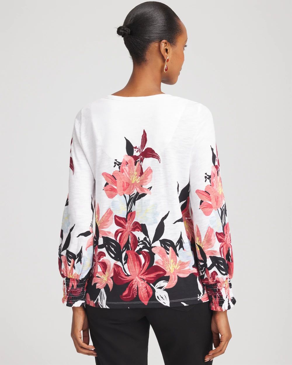 Floral-Motif Smocked Cotton-Slub Tee