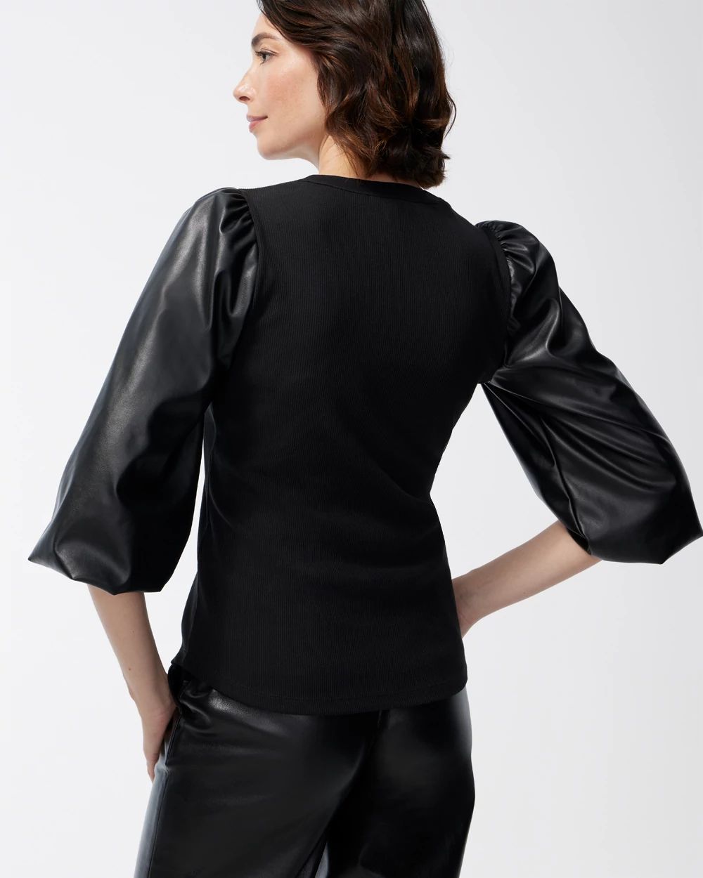 Faux Leather Sleeve Henley Top