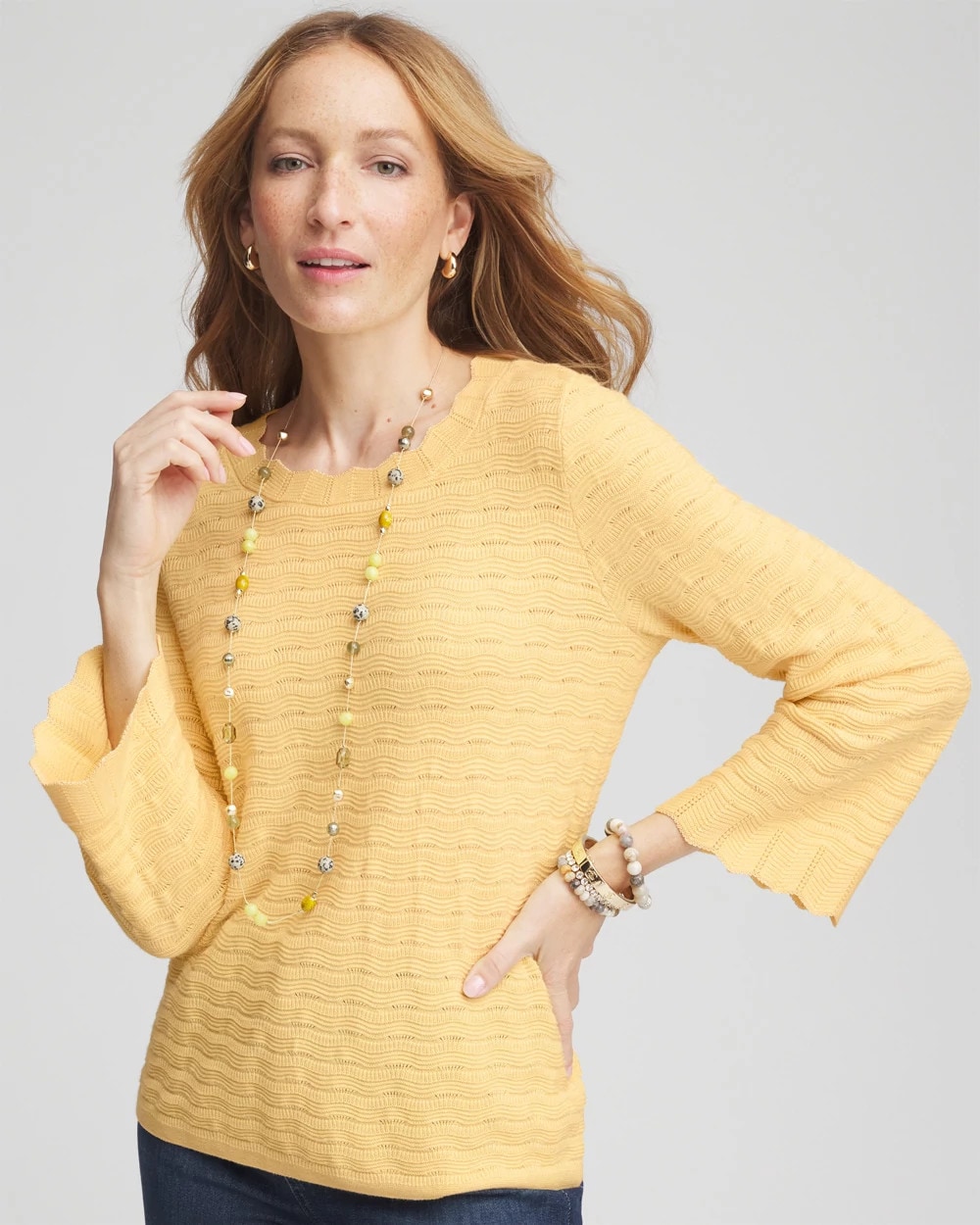 Pointelle Scalloped Hem Flare Sleeve Pullover