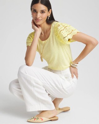 Linen Embroidered Flutter-Sleeved Tee click to view larger image.