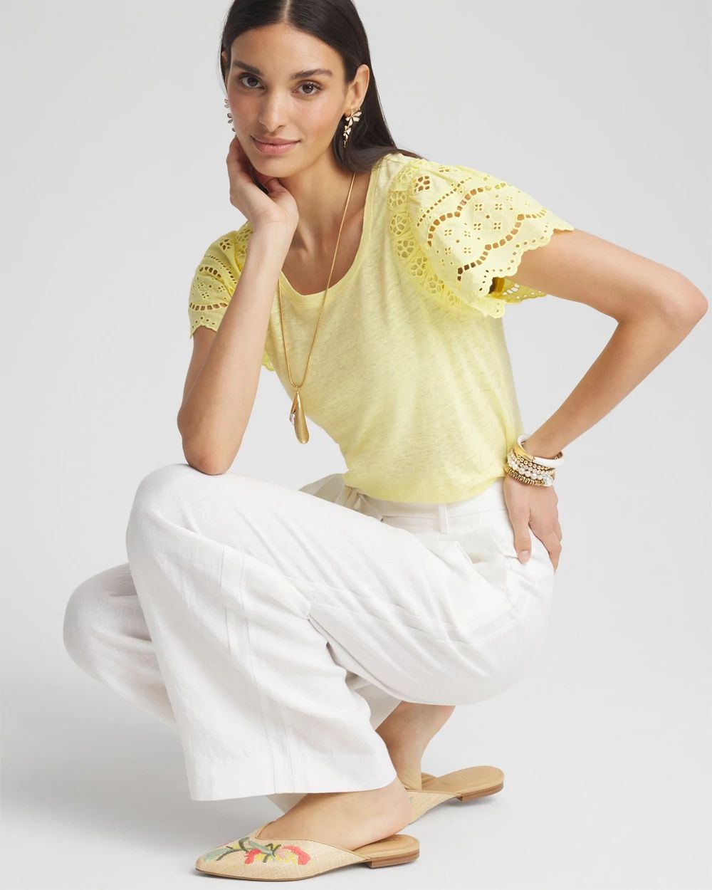 Linen Embroidered Flutter-Sleeved Tee