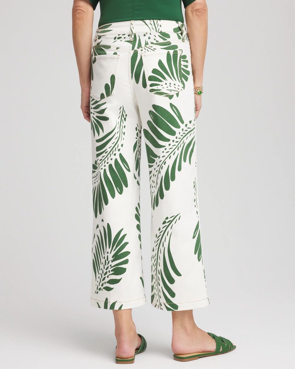 Palm-Frond-Motif Pull-On Wide-Leg Cropped Jeans