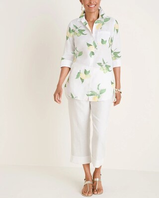 No-Iron Linen Lemon-Print Shirttail Tunic